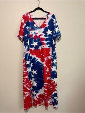Patriotic Star Tie-Dye Maxi Dress - Red, White & Blue